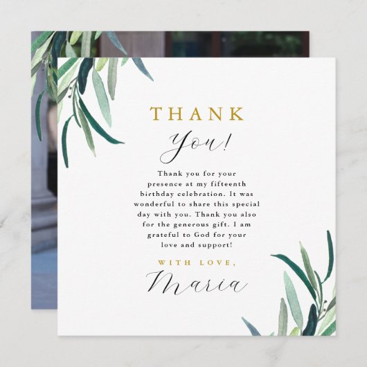 Einfach botanisch 15. Geburtstag Vielen Dank Foto Einladung (Vorne/Hinten)