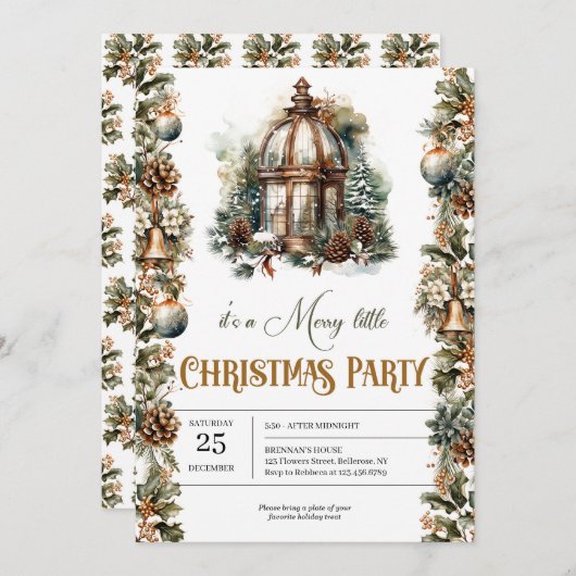 Einfach botanischer grüner Kranz und goldene Later Einladung (Vorne/Hinten)