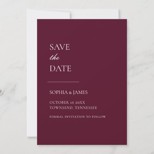 Einfach Burgund Typografie Modern Save the Date (Vorderseite)