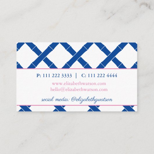 Einfach Chic Blau und Weiß Bambus Trellis Visitenkarte (Rückseite)