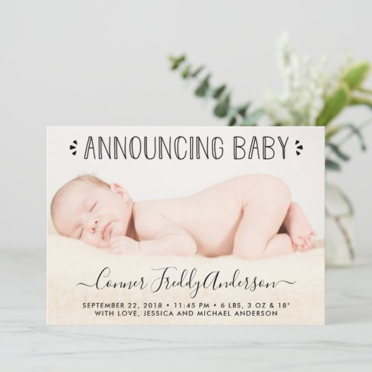 Einfach Chic Blue Polka Dots Birth Announcement Ankündigung (Stehend Vorderseite)
