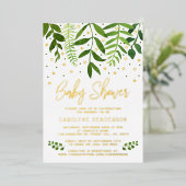 Einfach Chic Greenery & Gold Baby Dusche Real Folieneinladung (Stehend vorne)