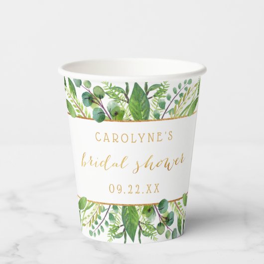 Einfach Chic Greenery & Gold Brautparty Pappbecher (Rückseite)