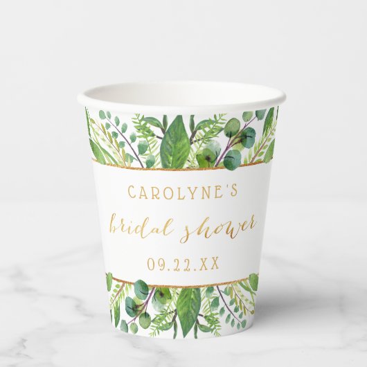 Einfach Chic Greenery & Gold Brautparty Pappbecher (Vorderseite)