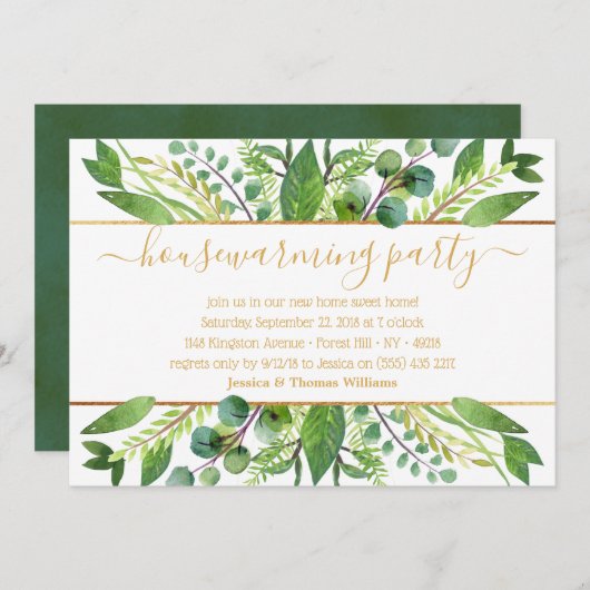 Einfach Chic Greenery & Gold Housewarming Party Einladung (Vorne/Hinten)