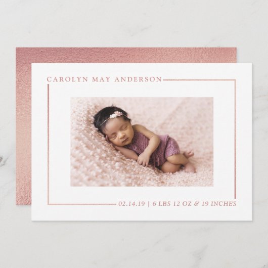 Einfach Chic Rose Gold Foil Birth Ankündigung (Vorne/Hinten)