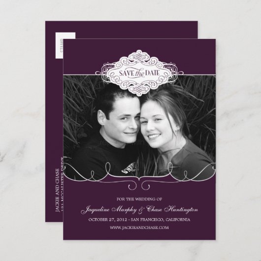 Einfach Couture Save the Date Postkarte - Lila (Vorne/Hinten)