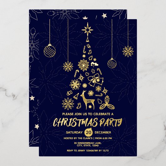 Einfach dunkelblau und Gold Eleganter Weihnachtsba Folieneinladung (Vorderseite/Rückseite)
