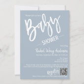 Einfach Dusty Blue Script Baby Dusche QR Code Foto Einladung (Vorderseite)
