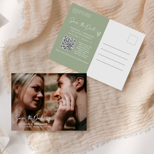 Einfach Dusty Green Save the Date QR Code Foto Postkarte