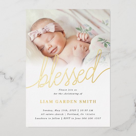 Einfach ein Foto gesegnete Taufe Gold Folieneinladung (Vorderseite)