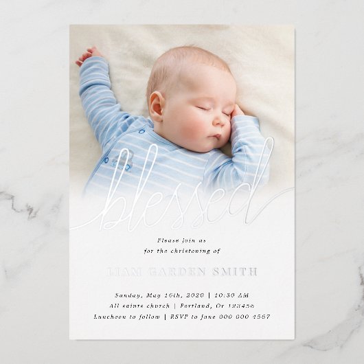 Einfach ein Foto gesegnete Taufe Silver Folieneinladung (Vorderseite)