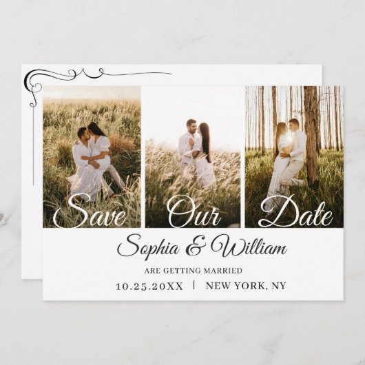 Einfach elegant 3 Foto Hochzeit Save The Date (Vorne/Hinten)