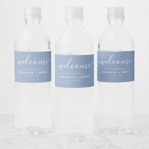 Einfach, elegant, blau und weiß, Hochzeitswasser Wasserflaschenetikett