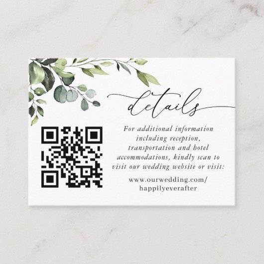 Einfach Elegant Eucalyptus Wedding QR Code Details Begleitkarte (Vorderseite)