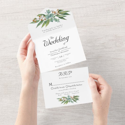 Einfach elegant Eucalyptus Wedding RSVP und All In One Einladung (Abreißen)
