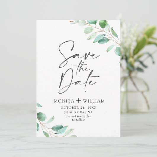 Einfach Elegant Eukalyptus Wedding Speichern Sie d Save The Date (Stehend Vorderseite)