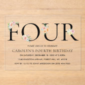 Einfach elegant Floral 4. Geburtstag Acryleinladungen (Vorderseite)