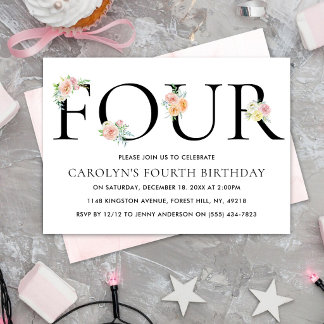 Einfach elegant Floral 4. Geburtstag Einladung