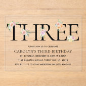 Einfach elegant Floral DREI 3. Geburtstag Acryleinladungen (Vorderseite)