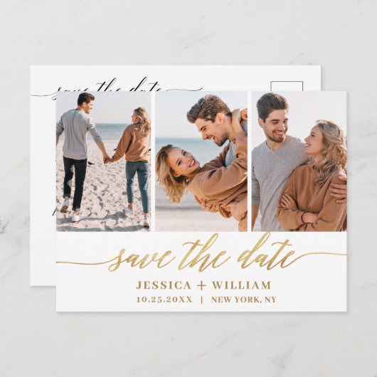 Einfach elegant Hochzeit Save the Date 3 Foto Postkarte (Vorne/Hinten)