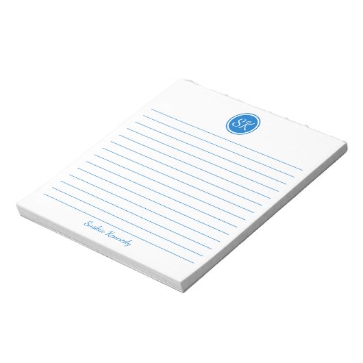 Einfach elegant Mittelblauer Monogramm-Name Notizblock (Rotiert)