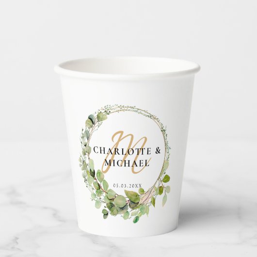 Einfach, elegant, monogramm Eukalyptus weddi Stick Pappbecher (Vorderseite)