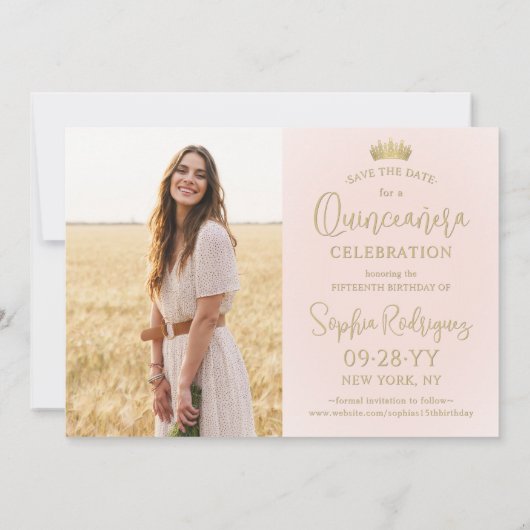 Einfach Elegant Quinceañera 2 Foto Blush und Gold Save The Date (Rückseite)