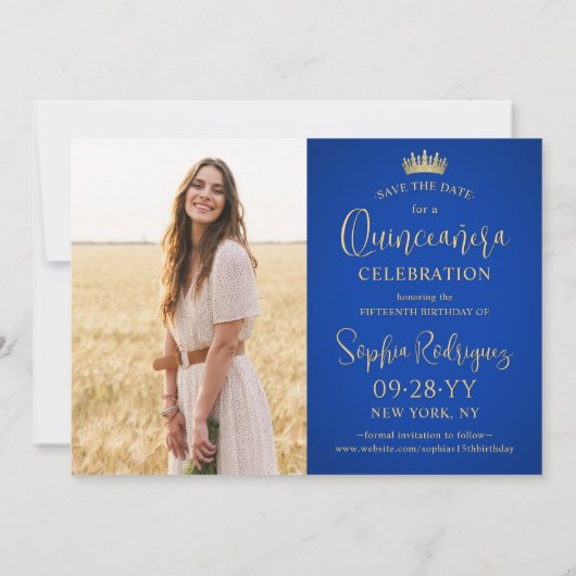 Einfach Elegant Quinceañera 2 Foto Royal Blue Gold Save The Date (Rückseite)