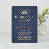 Einfach elegant Quinceañera 3 Foto Navy Blue Gold Einladung (Stehend Vorderseite)