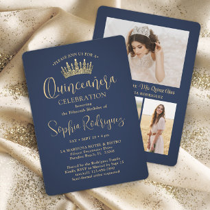 Einfach elegant Quinceañera 3 Foto Navy Blue Gold Einladung