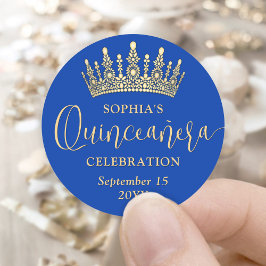 Einfach Elegant Quinceañera Crown Royal Blue & Gol Runder Aufkleber