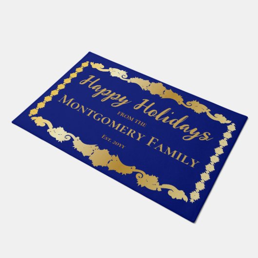 Einfach elegant Schneeflocken Happy Holidays Name Fußmatte (Schrägansicht)