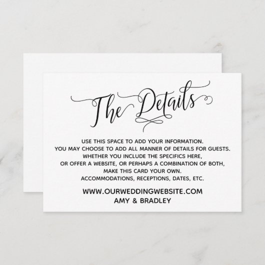Einfach, elegant Schwarz und Weiß "Die Details" Begleitkarte (Vorne/Hinten)