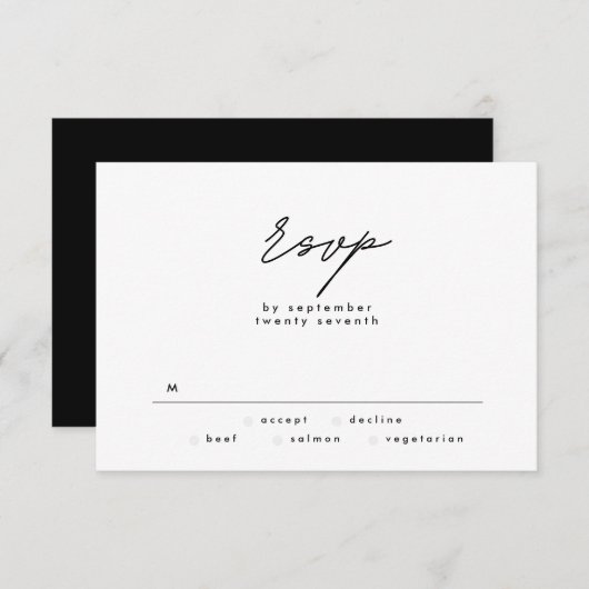 Einfach elegant Schwarz-Weiß-Text Hochzeit RSVP (Vorne/Hinten)