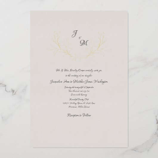 Einfach Elegant Taupe & Gold Foil Foliage Inv Folieneinladung (Vorderseite)
