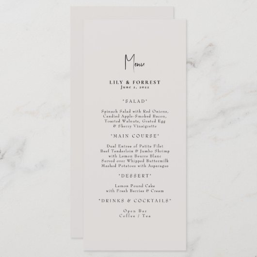 Einfach elegante Cream Wedding Menükarte (Vorne/Hinten)