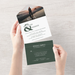 Einfach elegante dunkelgrüne Hochzeit im Weißen Fo All In One Einladung
