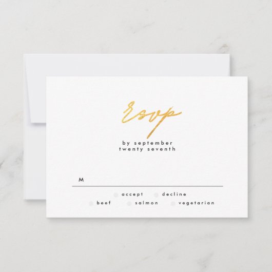 Einfach elegante Goldfoil- und White-Text-Hochzeit RSVP Karte (Vorderseite)