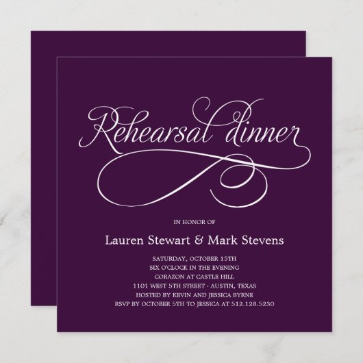 Einfach elegante Probe Abendessen Einladung Lila (Vorne/Hinten)