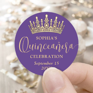 Einfach elegante Quinceañera-Krone in Lila und Gol Runder Aufkleber