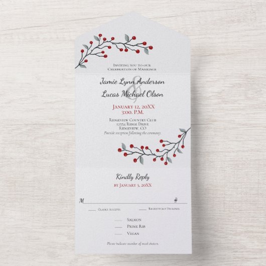 Einfach elegante Red Winter Berries All In One Einladung (Innen Boden)
