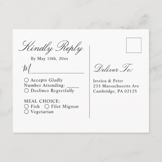 Einfach elegante Schwarz-Weiß-Hochzeit Einladungspostkarte (Rückseite)