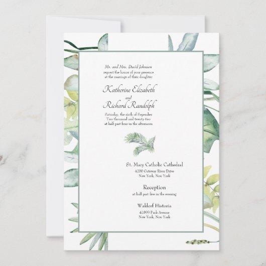 Einfach elegante Tropical Palm Sage Wedding Einladung (Vorderseite)