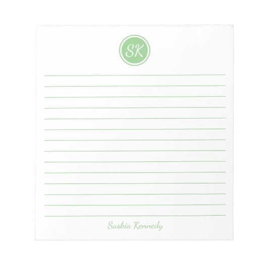 Einfach eleganter Sage Green Lined Monogram Name Notizblock (Vorderseite)