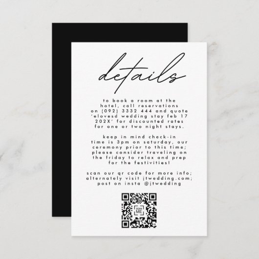 Einfach eleganter Schwarz-Weiß-Text Hochzeit QR CO RSVP Karte (Vorne/Hinten)