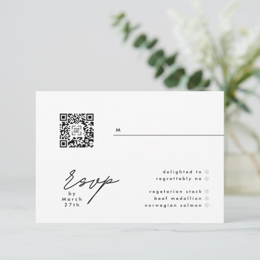 Einfach elegantes Black & White QR Hochzeit RSVP (Stehend Vorderseite)