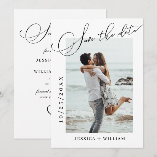 Einfach elegantes Calligraphy Wedding Foto Save The Date (Vorne/Hinten)