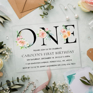 Einfach elegantes Floral ONE 1. Geburtstag Party Acryleinladungen
