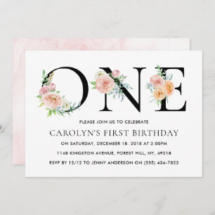 Einfach elegantes Floral ONE 1. Geburtstag Party Einladung